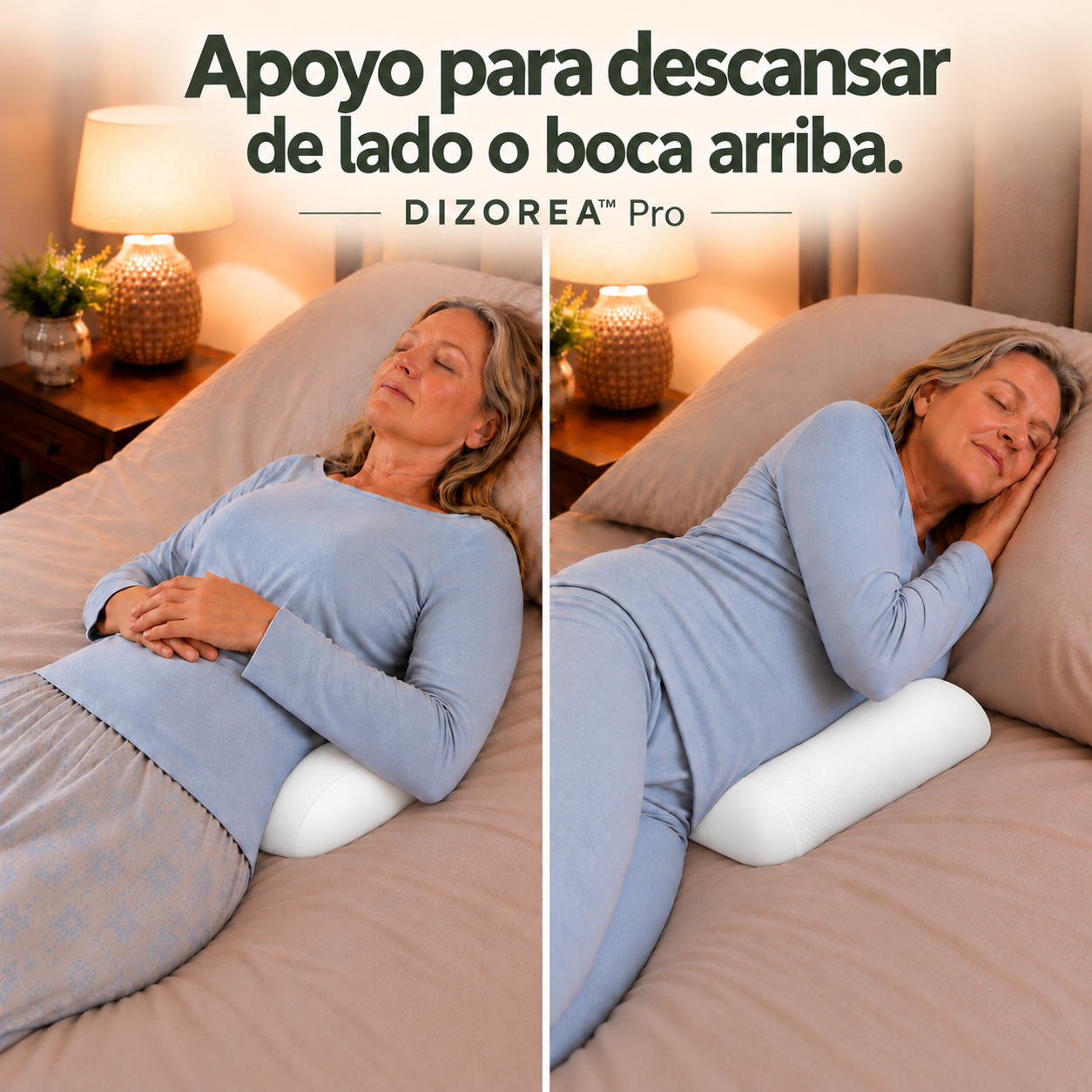 Ejemplos de descanso de lado y boca arriba con la almohada lumbar DIZOREA Pro